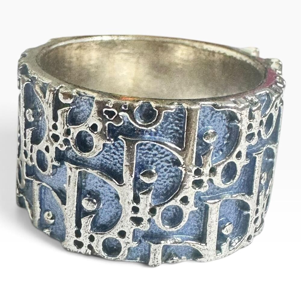 Christian Dior Vintage Blue Enamel Wide Band Ring Size 6 Silver Tone Number 2